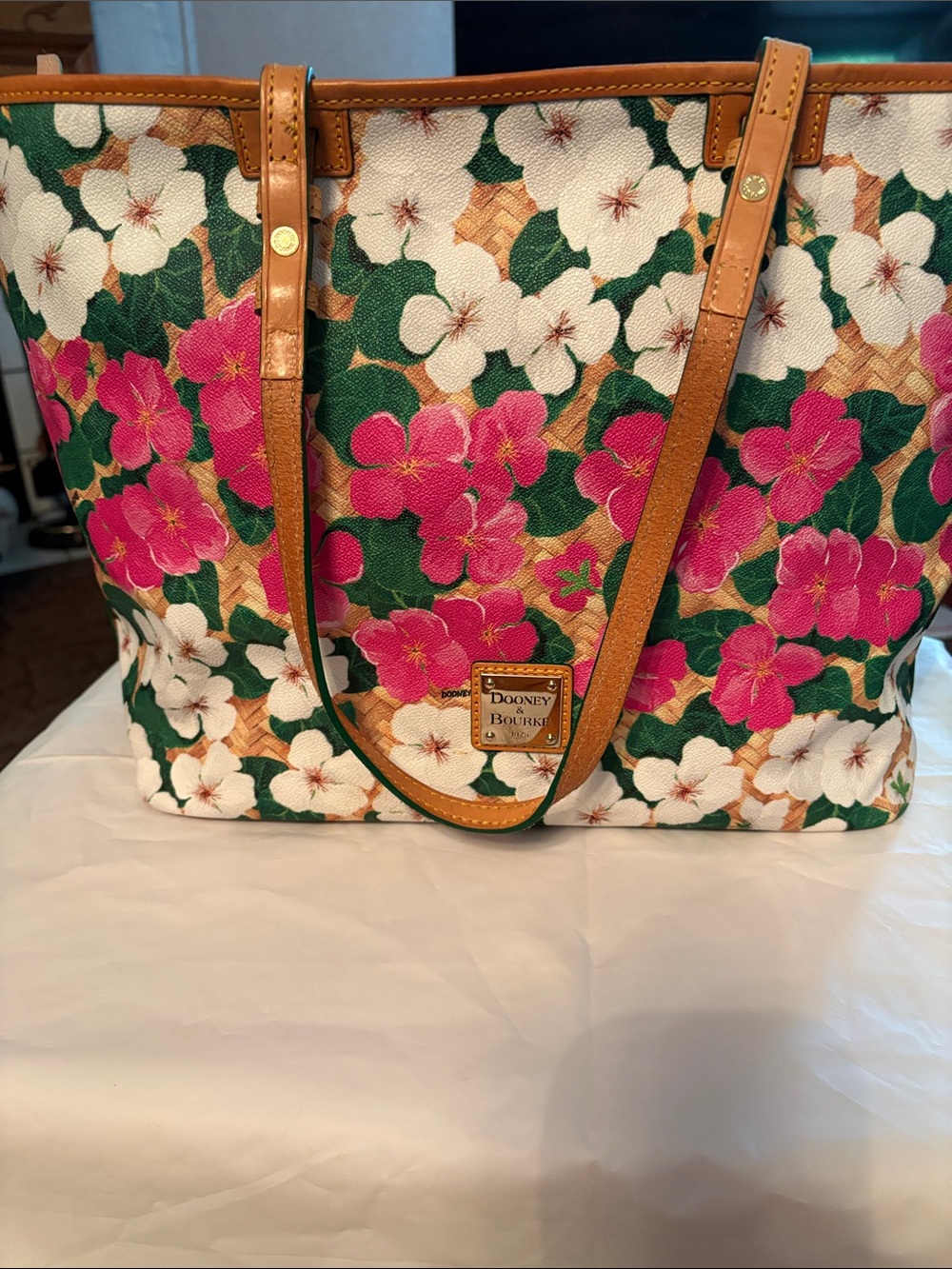 Dooney & Bourke Pink, White & Green Floral Tote with Tan Leather Trim